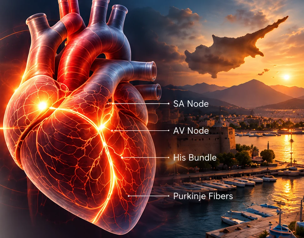 Illuminated anatomical heart over a Cyprus coastal landscape, labelled SA Node, AV Node, His Bundle and Purkinje Fibers